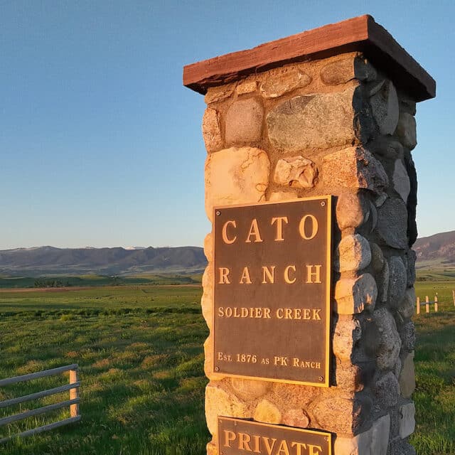 Cato Ranch Soldier Creek entrance sign, established 1876 as PK Ranch, near Sheridan, Wyoming
